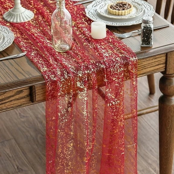 Sm:)e 6Pcs Red Gold Silk Screen Stamping Gauze Table Runner 120 Inch 10FT, Glitter Metallic Foil Sheer Chiffon Table Decor for Wedding Anniversary Birthday Outdoor Home Party Table