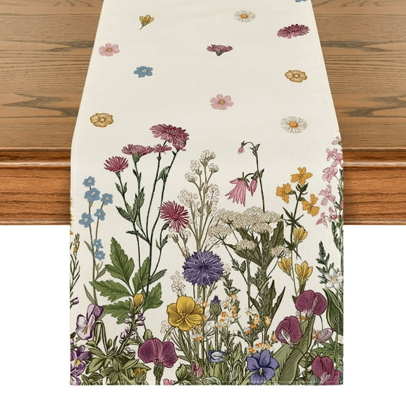 Sm:)e 72" x 13" Off-White Antique Herbs and Wild Flowers Spring Table Runner for Summer