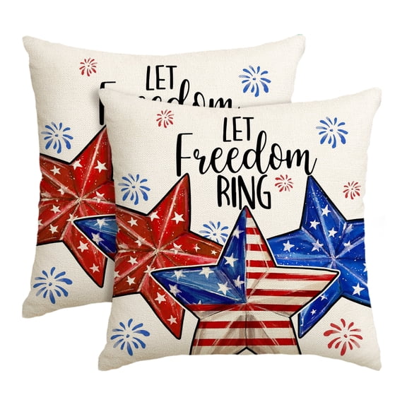 Sm:)e America Flag Star Let Freedom Ring Fourth of July Throw Pillow Cover 18x18 Inch Set of 2, Polyester Patriotic Outdoor Pillow Case for Sofa Couch