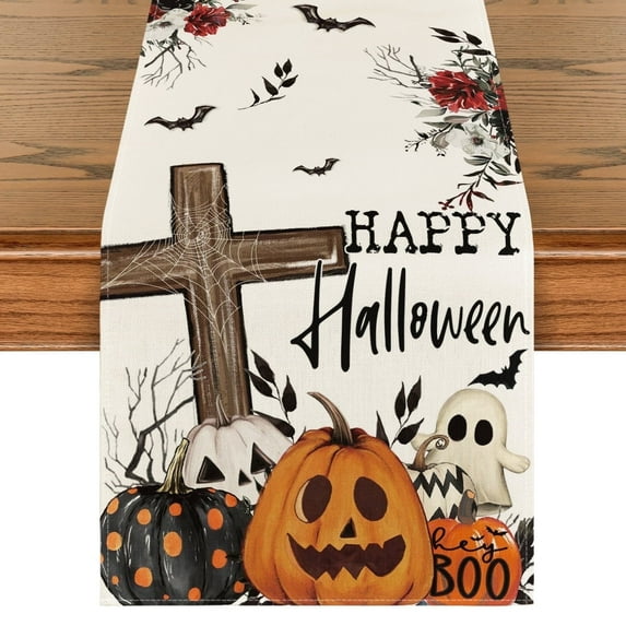 Sm:)e Bat Cross Pumpkin Ghost Halloween Table Runner 13 x 60 Inch, Sensonal Kitchen Dining Table Decor for Home Party
