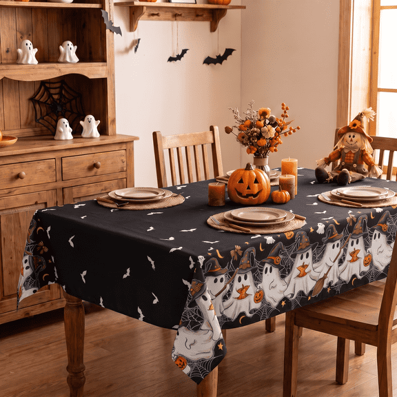 Sm:)e Ghost Bat Halloween Tablecloth 60x84 Inch, Wrinkle-Resistant & Machine Washable Table Cover for Dining Decor, Rectangle