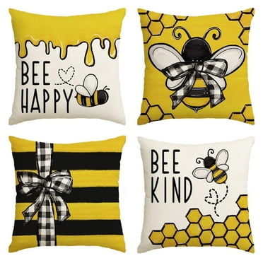 Sm:)e Be Happy Bee Decor Pillow Covers for Summer Set of 4, 18 x 18 Inch, Yellow
