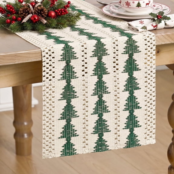 Sm:)e Beige Base With Green Christmas Tree Pattern,Woven Christmas Table Runner,12x48 Inch Rustic Christmas Style, Decorations for Kitchen & Dining Tables, Home Parties