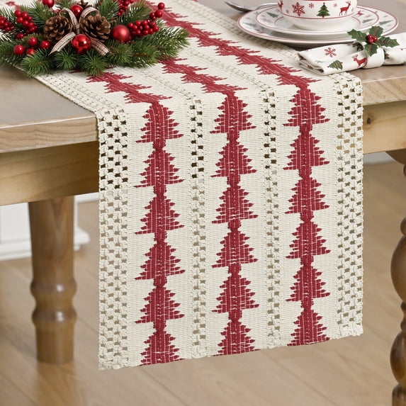 Sm:)e Beige Base With Red Christmas Tree Pattern,Woven Christmas Table Runner,12x36 Inch Rustic Christmas Style, Decorations for Kitchen & Dining Tables, Home Parties