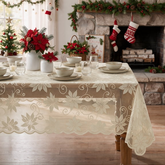 Sm:)e Poinsettia Embroidery Lace Tablecloth 60x84 Inch, Beige, Vintage Floral Fabric Classy Vintage Reception Decor