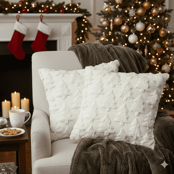 Sm:)e Beige Christmas Tree Soft Plush Faux Fur Pillow Covers 18x18 Inch Set of 2 Outdoor Sofa Holiday Festivals Winter Home Decor