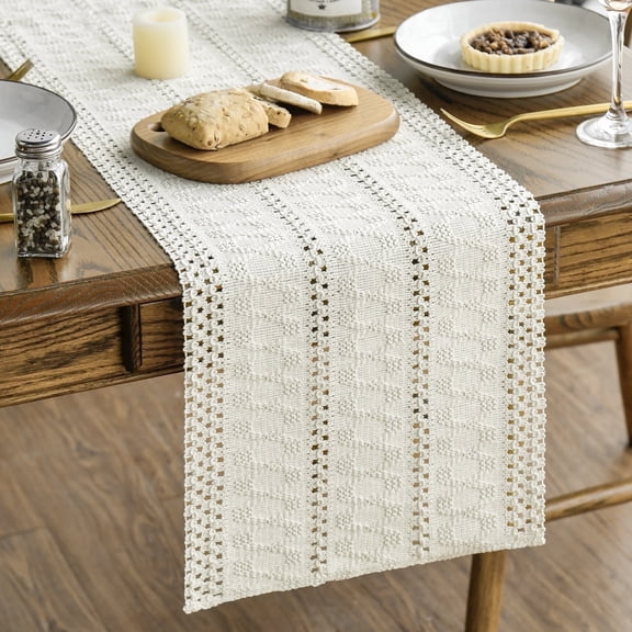 Sm:)e Beige Farmhouse Woven Rustic Hollow Table Runner, Boho Table Runner 12x72 Inch, Dining Kitchen Home Decor