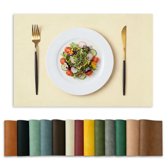 Sm:)e Beige Faux Leather Placemats Set of 4, 12x18 Inch, Waterproof Oil-Proof Wipeable PU Place Mats, Heat Resistant Reversible Table Mats for Kitchen, Dining, Outdoor