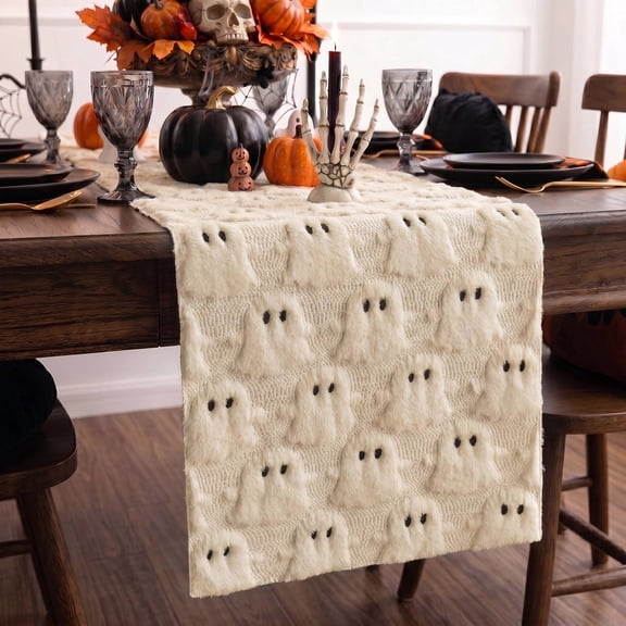 Sm:)e Beige Ghost Halloween Table Runner 13x72 Inch, Soft Plush Faux Fur Mantel Kitchen Dining Table Decor, Halloween Home Party Decor
