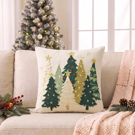 Sm:)e Beige Green Tree Snowflakes Christmas Throw Pillow Covers 18x18 Inch, Soft Plush Faux Fur 3D Embroidered Decorative Cushion Covers for Sofa Home Decor