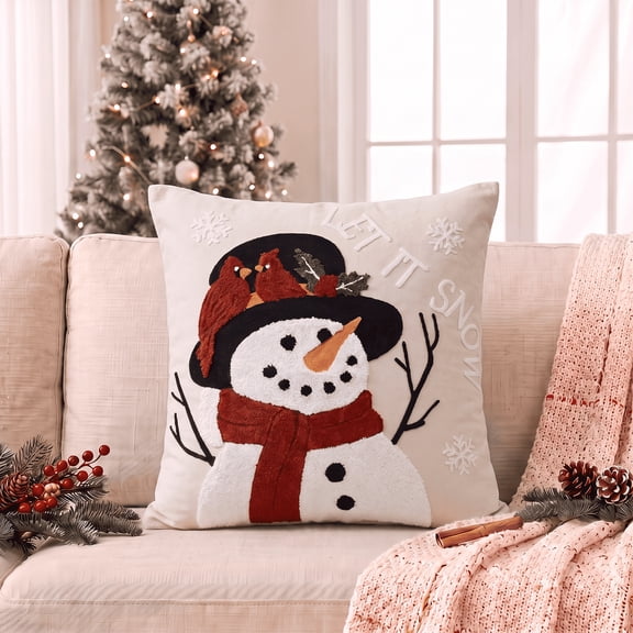 Sm:)e Beige Let It Snow Snowman Snowflakes Christmas Throw Pillow Covers 18x18 Inch, Soft Plush Faux Fur 3D Embroidered Decorative Cushion Covers for Sofa Home Decor
