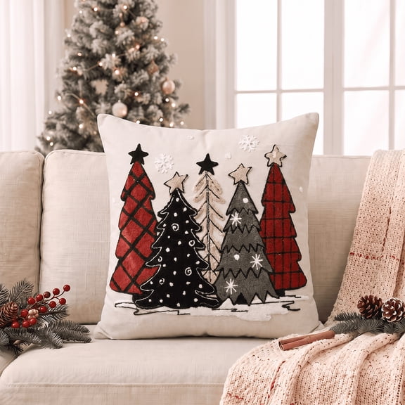 Sm:)e Beige Pine Tree Snowflakes Christmas Throw Pillow Covers 18x18 Inch, Soft Plush Faux Fur 3D Embroidered Decorative Cushion Covers for Sofa Home Decor