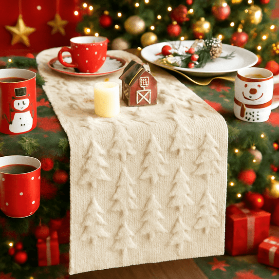 Sm:)e Beige Tree Christmas Table Runner 13x72 Inch, Soft Plush Faux Fur Mantel Kitchen Dining Table Decor, Winter Xmas Party Decor