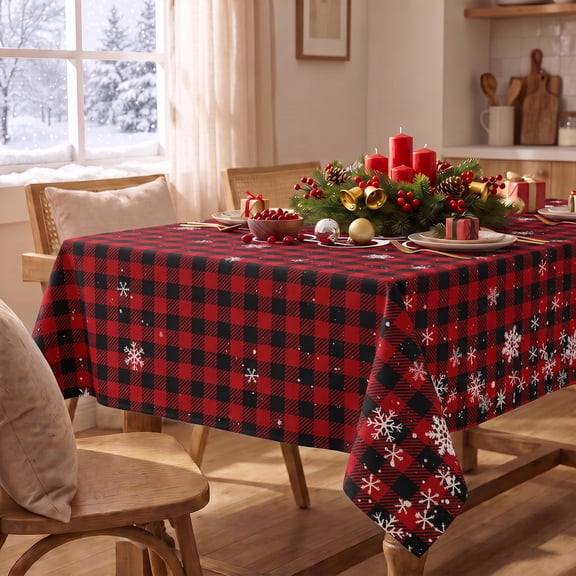 Sm:)e Christmas Tablecloth 60x120 Inch Rectangular, Believe Buffalo Check Plaid Snowflake Winter Table Cover for Party Picnic Dinner Decor