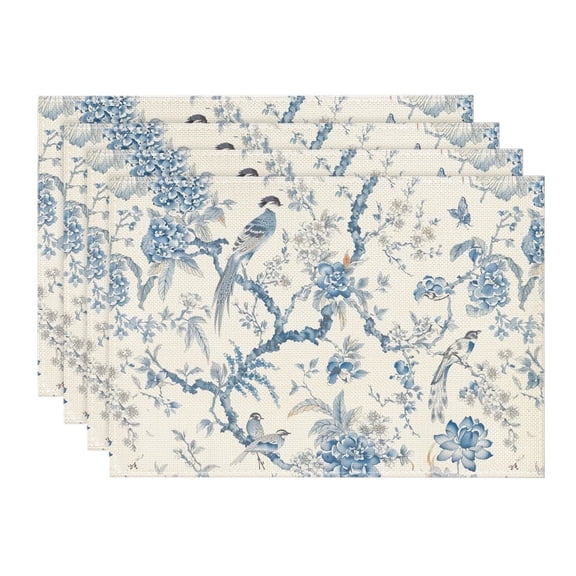 Sm:)e Bird Floral Leaves Chinoiserie Placemats Set of 4, 12x18 Inch Branches Spring Table Mats for Party Kitchen Dining Decoration