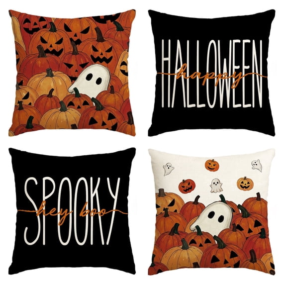 Sm:)e Black Boo Spooky Ghost Pumpkin Halloween Pillow Covers 18x18 Inch Set of 2, Cushion Covers for Sofa Home Decor