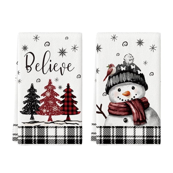 Sm:)e Black Buffalo Plaid Snowman Red Christmas Tree Christmas Kitchen Towels Dish Towels, 18x26 Inch, Set of 2, Holiday Winter Party Decor Hand and Dish Towels