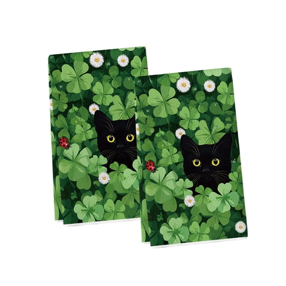 Sm:)e Black Cat Green Shamrock Saint Patricks Day Kitchen Dish Towels 18x26 Inch Set of 2