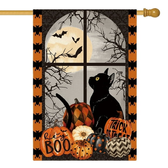 Sm:)e Black Cat Pumpkins Trick or Treat Halloween House Flag 28x40 Inch