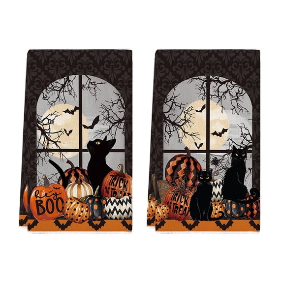 Sm:)e Black Cat Pumpkins Trick or Treat Halloween Kitchen Dish Towels Set of 2, 18x26 Inch