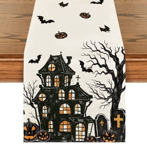 Sm:)e Black Halloween Table Runner with Castle Tree and Witch Pattern, Kitchen Dining Table Decoration for Home Party Decor 13x72 Inch