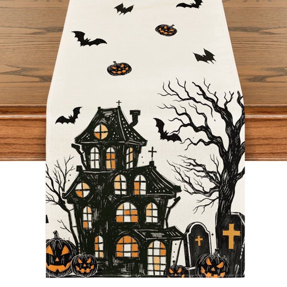 Sm:)e Black Halloween Table Runner with Castle Tree and Witch Pattern, Kitchen Dining Table Decoration for Home Party Decor 13x72 Inch