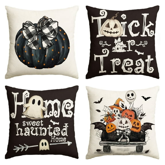 Sm:)e Black Polka Dot Pumpkin Jack-O'-Lantern Trick or Treat Truck Halloween Throw Pillow Cover 18x18 Inch Decorative Outdoor Cushion Covers Set of 4