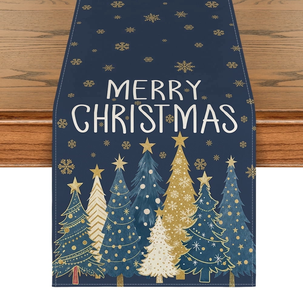 Sm:)e Blue Gold White Tree & Snowflake Christmas Table Runner 13 x 72 ...