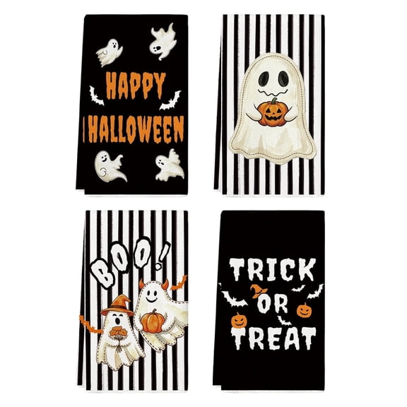 Sm:)e Black Stripe Funny Boo Ghost Halloween Dish Towels Set of 4, 18x26 Inch ,Seasonal Holiday Hand Towels for Kitchen and Dining Table