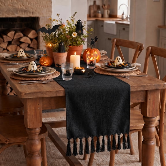 Sm:)e Black Tassel Table Runner, 13x72 Inch, Boho Linen Blend Rustic Farmhouse Style, Holiday Wedding Party Kitchen Table Decor
