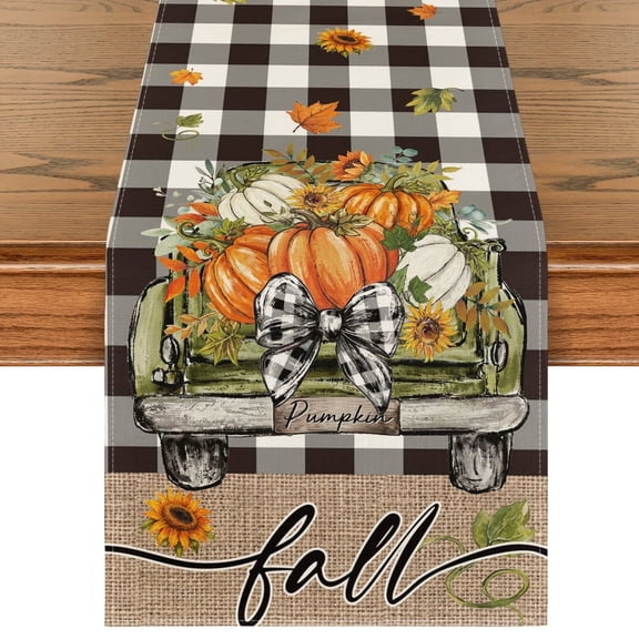Sm:)e Black White Buffalo Plaid Pumpkin Truck Table Runner 13x72 Inch, Seasonal Fall Decor for Kitchen Dining Home Gathering