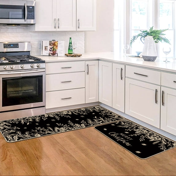 Sm:)e Black and White Holly Leaf Snowflake Christmas Kitchen Rugs and Mats, 17x29Inch and 17x47 Inch, Non Slip Linen Mat Inside Washable for Porch Patio Hallway