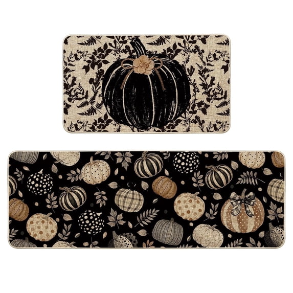 Sm:)e Black White Pumpkin Maple Leaf Linen Fall Kitchen Rugs and Mats, 17x29Inch and 17x47 Inch, Non Slip Mat for Porch Patio Hallway