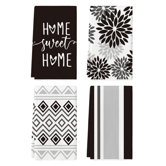 Sm:)e Black and White Dahlia Flower Stripe Halloween Dish Towels, 4 Count