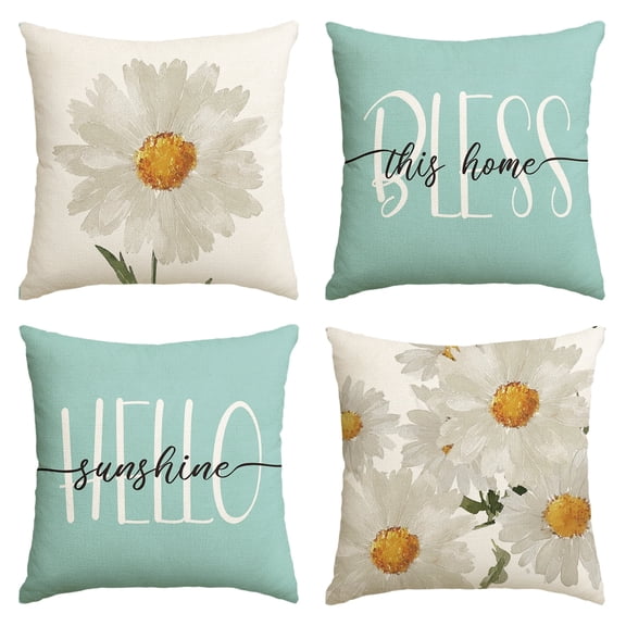 Sm:)e Bless Home Hello Sunshine Floral Daisy Summer Throw Pillow Covers Set of 4,18x18 Inch, Blue, Polyester