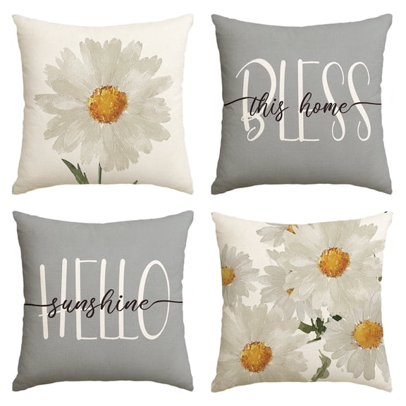 Sm:)e Bless Home Hello Sunshine Floral Daisy Summer Throw Pillow Covers Set of 4,18x18 Inch, Grey, Polyester