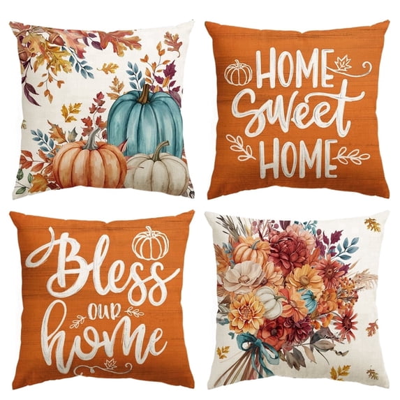 Sm:)e Bless our Sweet Home Pumpkins Flowers Fall Throw Pillow Cover 18x18 Inch Set of 4, Autumn Decorative Outdoor Cushion Cover for Sofa Couch