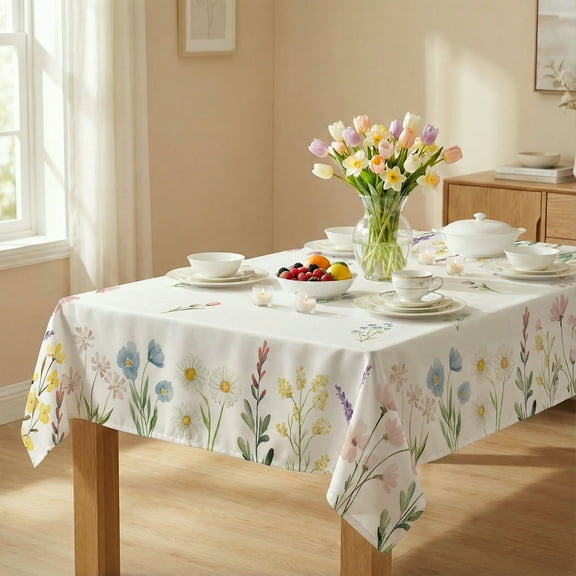Sm:)e Blooming Floral Wild Flowers Spring Tablecloth 60 x 84 Inch Seasonal Rectangle Washable Table Linen Holiday Table Cover for Home Kitchen Dinner Decor
