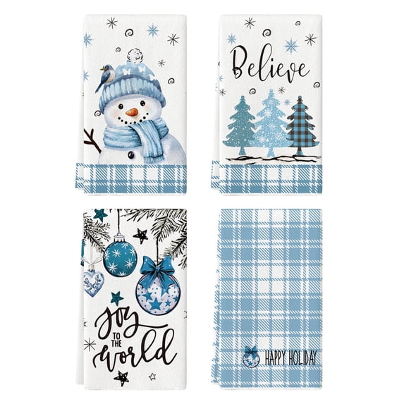 Sm:)e Blue Buffalo Plaid Snowman & Christmas Tree Winter Christmas Kitchen Towels Dish Towels, 18x26 Inch, Set of 4,Daily Christmas Decor Hand & Dish Towels