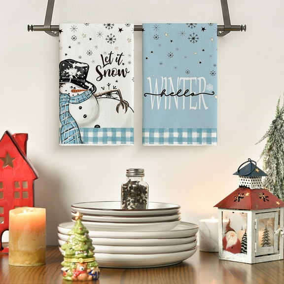 Sm:)e Blue Buffalo Plaid Snowman Winter Kitchen Towels Dish Towels, 18x26 Inch Let It Snow Daily Christmas Decoration Hand Towels Set of 2