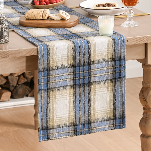 Sm:)e Blue Light Coffe Farmhouse Plaid Spring Winter Table Runner 13x36 Inch, Winter Rustic Holiday Check Kitchen Dining Table Decor