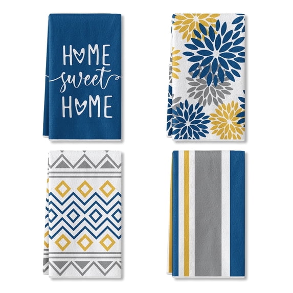 Sm:)e Blue and Yellow Dahlia Flower Stripe Spring Dish Towels, 4 Count