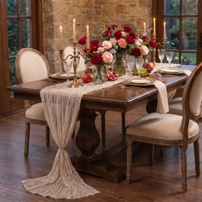 Sm:)e Boho Beige Gauze Cheesecloth Table Runner 35x120 Inch, Multi-Purpose Decor for Kitchen Dining Wedding Holiday Party