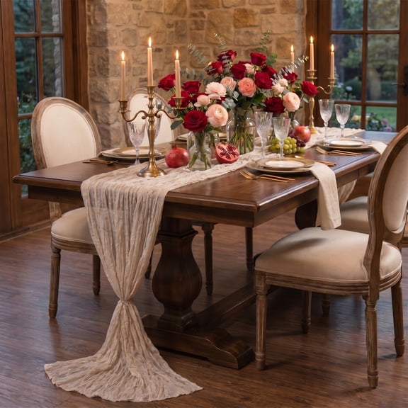 Sm:)e Boho Beige Gauze Cheesecloth Table Runner 35x120 Inch, Multi-Purpose Decor for Kitchen Dining Wedding Holiday Party