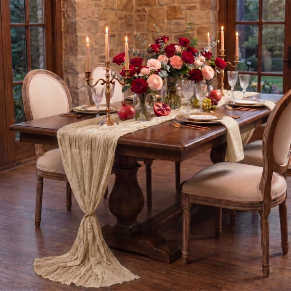 Sm:)e Boho Champagne Gauze Cheesecloth Table Runner 35x120 Inch, Multi-Purpose Decor for Kitchen Dining Wedding Holiday Party