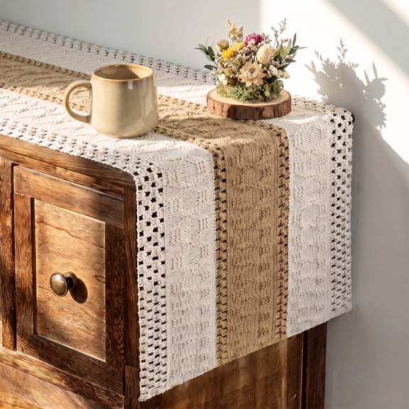 Sm:)e Boho Macrame Brown Farmhouse Table Runner 12x36 Inch, Seasonal Holiday Hollow Kitchen Dining Table Decoration for Home Party Decor