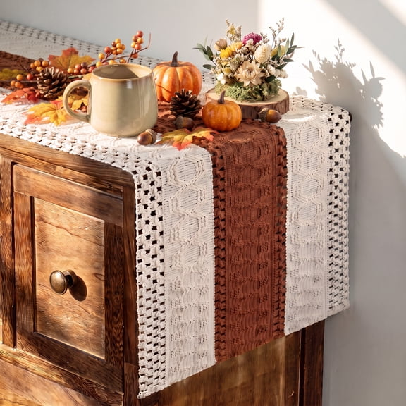 Sm:)e Boho Macrame Caramel Farmhouse Fall Table Runner 12x72 Inch, Seasonal Holiday Hollow Kitchen Dining Table Decoration for Home Party Decor
