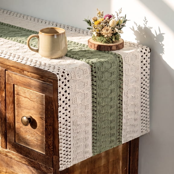 Sm:)e Boho Macrame Light Green Farmhouse Table Runner 12x36 Inch, Seasonal Holiday Hollow Kitchen Dining Table Decoration for Home Party Decor