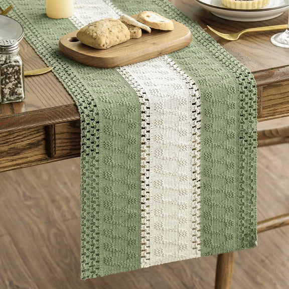 Sm:)e Boho Macrame Light Green Farmhouse Table Runner 12x36 Inch, Seasonal Hollow Kitchen Dining Table Decoration for Home Party Decor