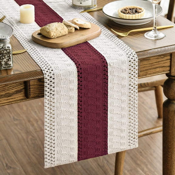 Sm:)e Boho Macrame Red Farmhouse Table Runner 12x90 Inch, Seasonal Christmas Hollow Kitchen Dining Table Decoration for Home Party Decor